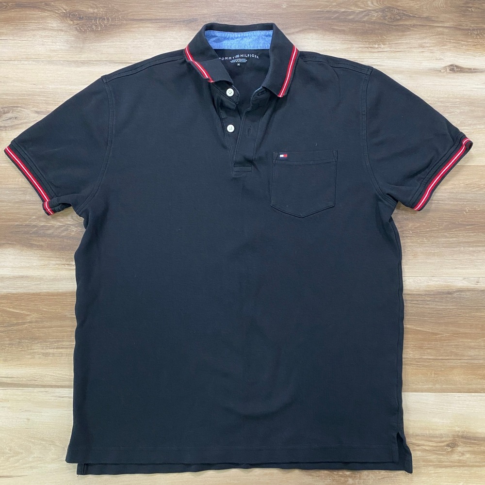 Tommy Hilfiger Polo Shirt Size M Short Sleeve Pocket Cotton Tipped Black